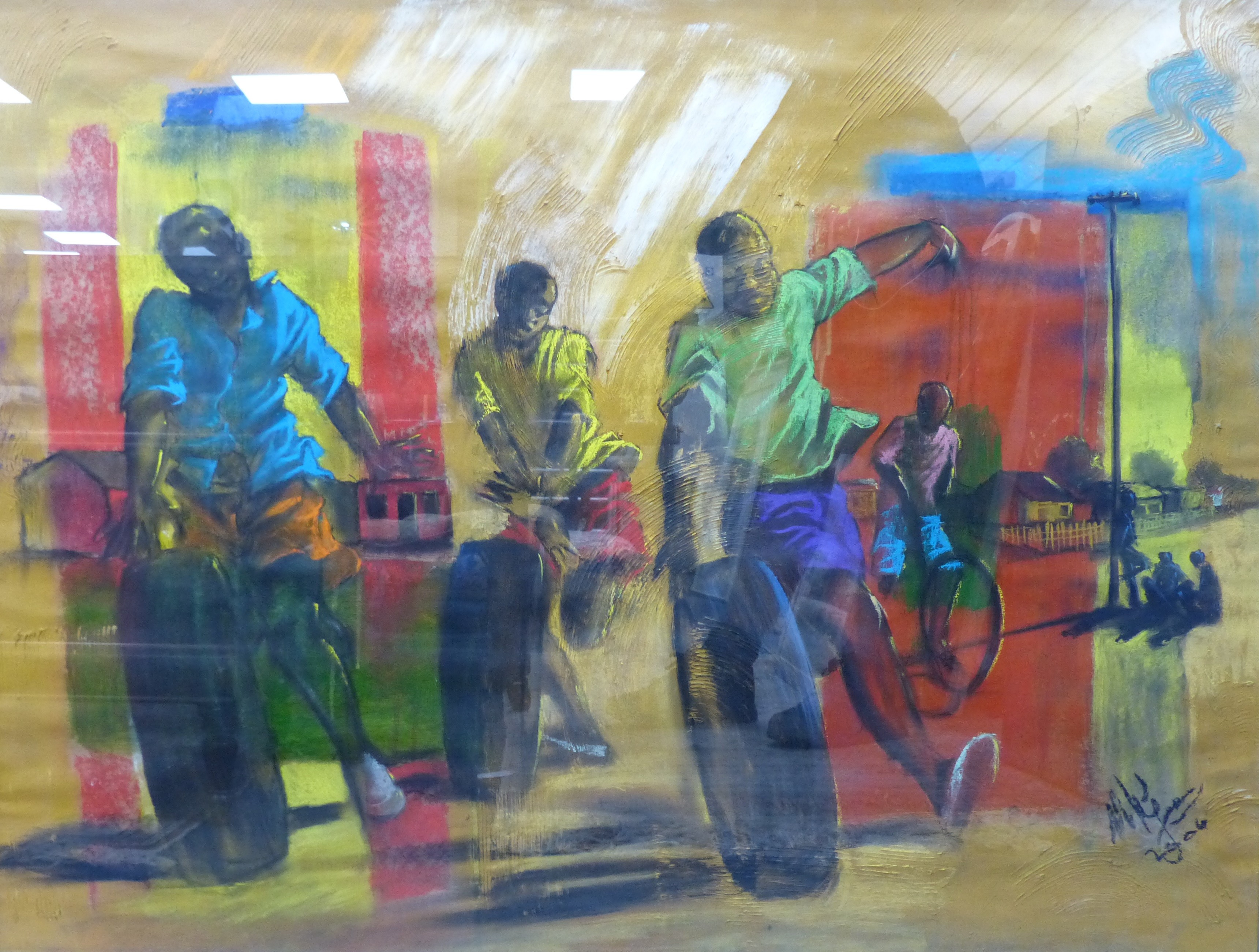 20th century African School, pastel on paper, Street children playing, 100 x 76cm